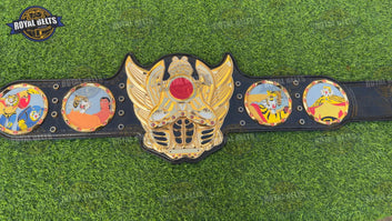Tiger Mask Naoto Title Belt featuring engraved 3D logo and triple layer polished gold Designed by Royal Belts