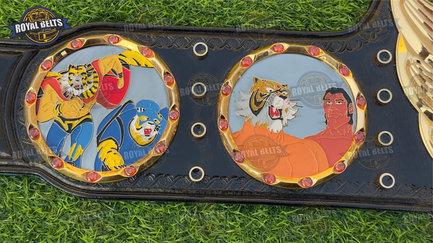 Tiger Mask Naoto Title Belt with raised 3D centerpiece and black stitched leather