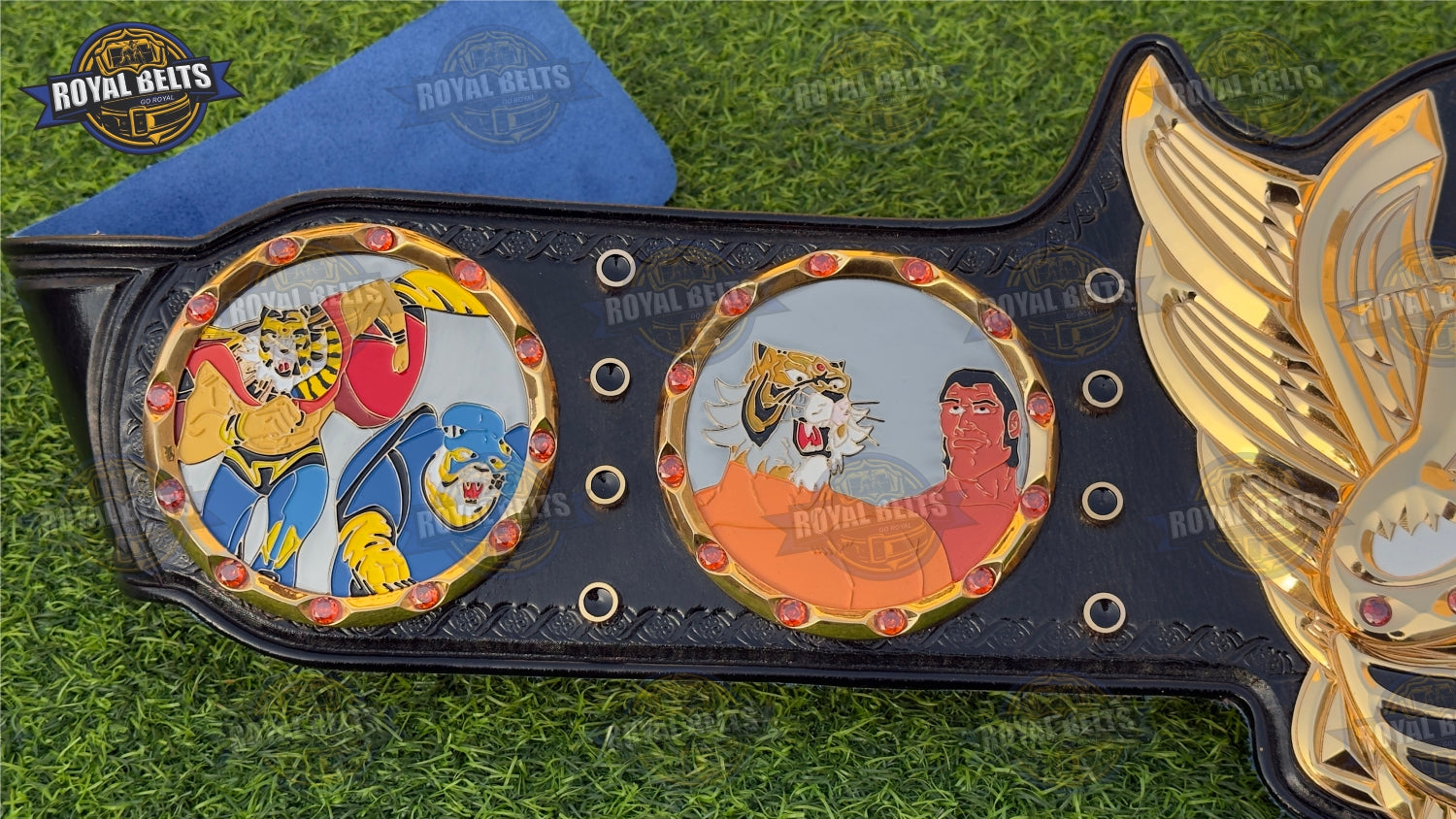 Tiger Mask 3D HD Belt designed for display with polished gold centerpiece