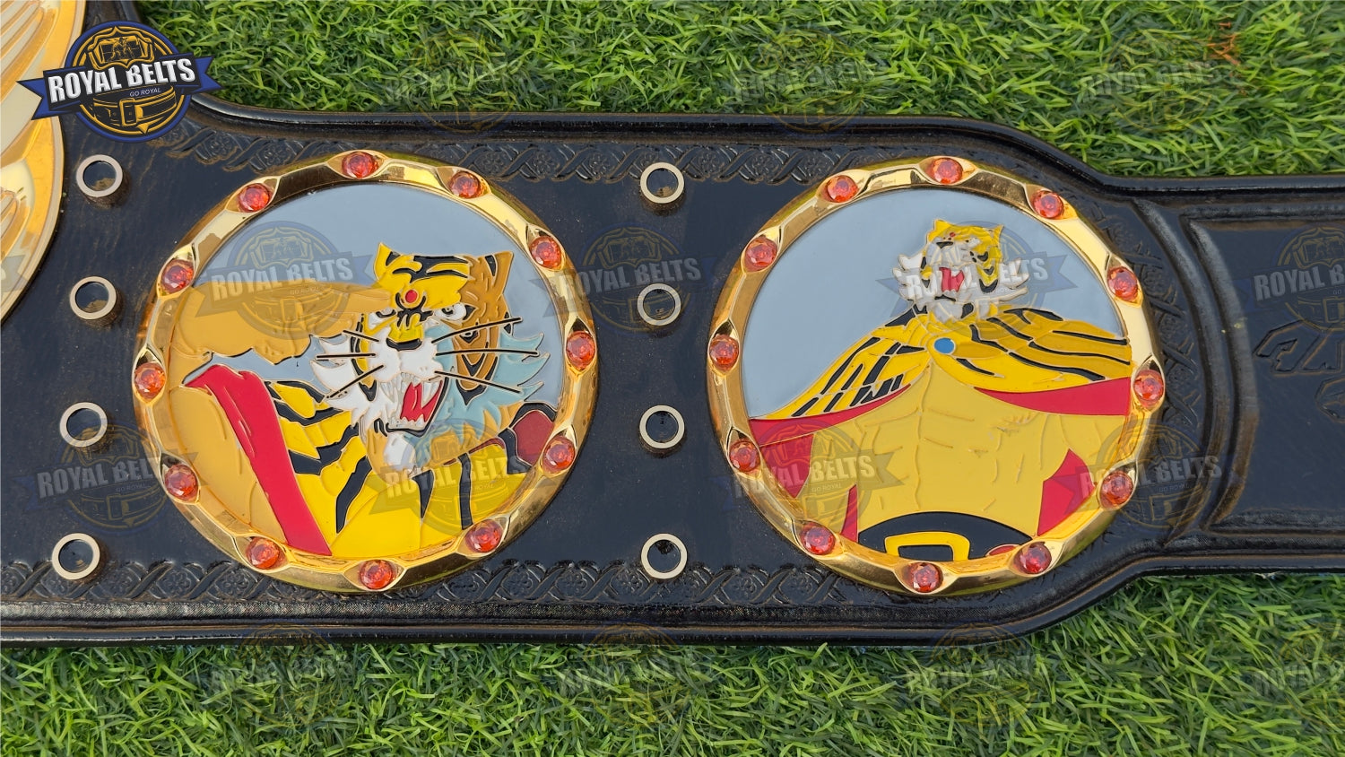 Tiger Mask Custom Title Belt with stitched leather strap and engraved gold plates