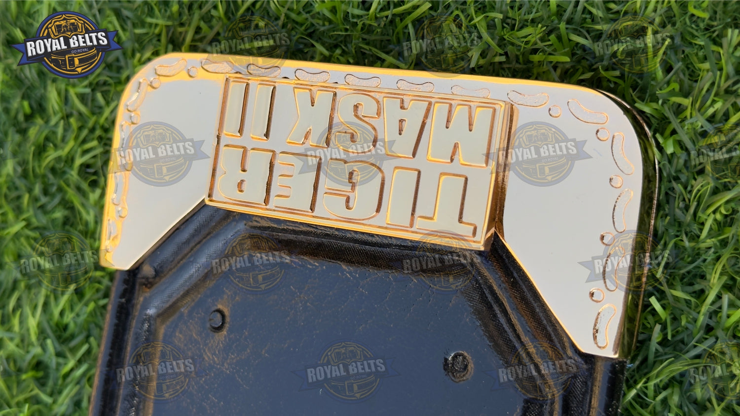 Tiger Mask 3D CNC Belt designed with bold gold center and engraved side plates