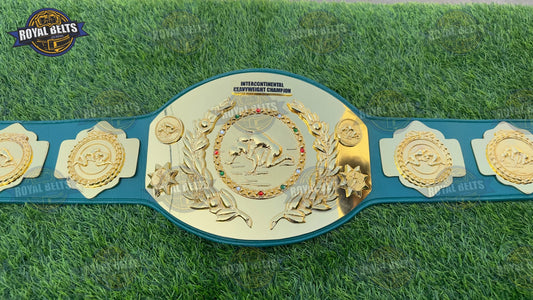 Tito Santana Style Intercontinental Title Belt casted metal plates, gold finish, green leather strap Made by Royal Belts
