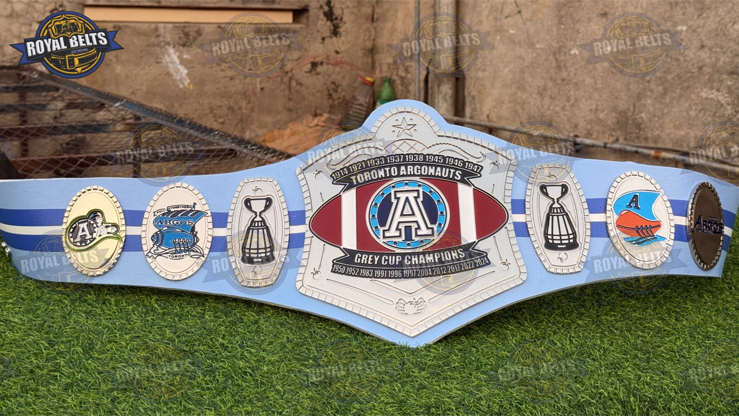 Toronto Argonauts Grey Cup Championship HD CNC title belt with gold plates, navy leather strap, snap closure Designed by Royal Belts