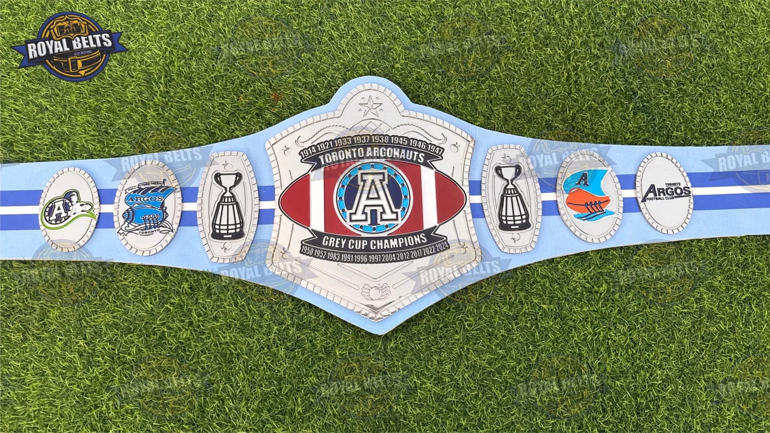 Toronto Argonauts Grey Cup Championship HD CNC belt featuring deep etched logo plates and premium leather Designed by Royal Belts