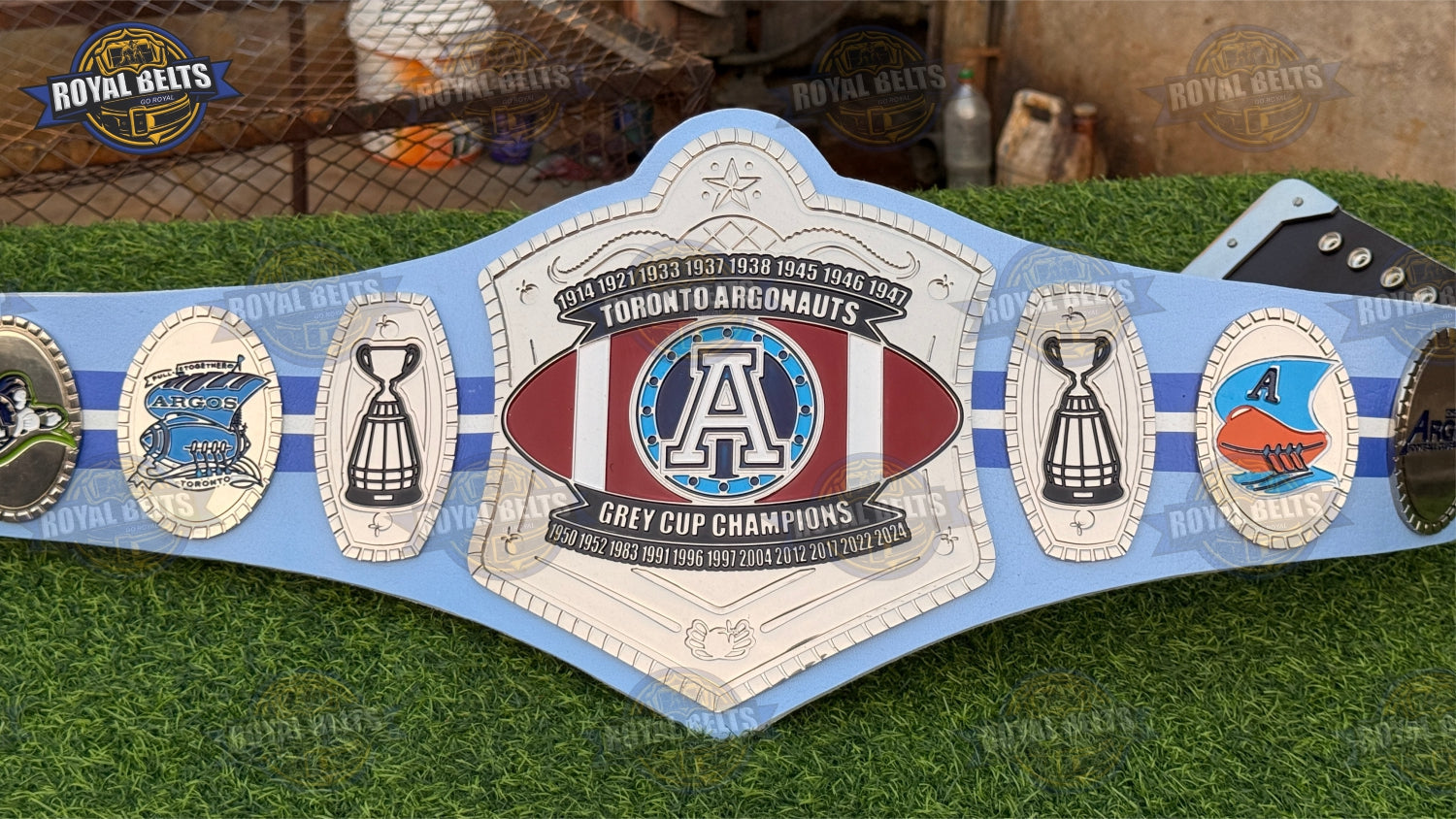 Toronto Argonauts Grey Cup Championship HD CNC football belt with polished gold finish and stitched strap Designed by Royal Belts