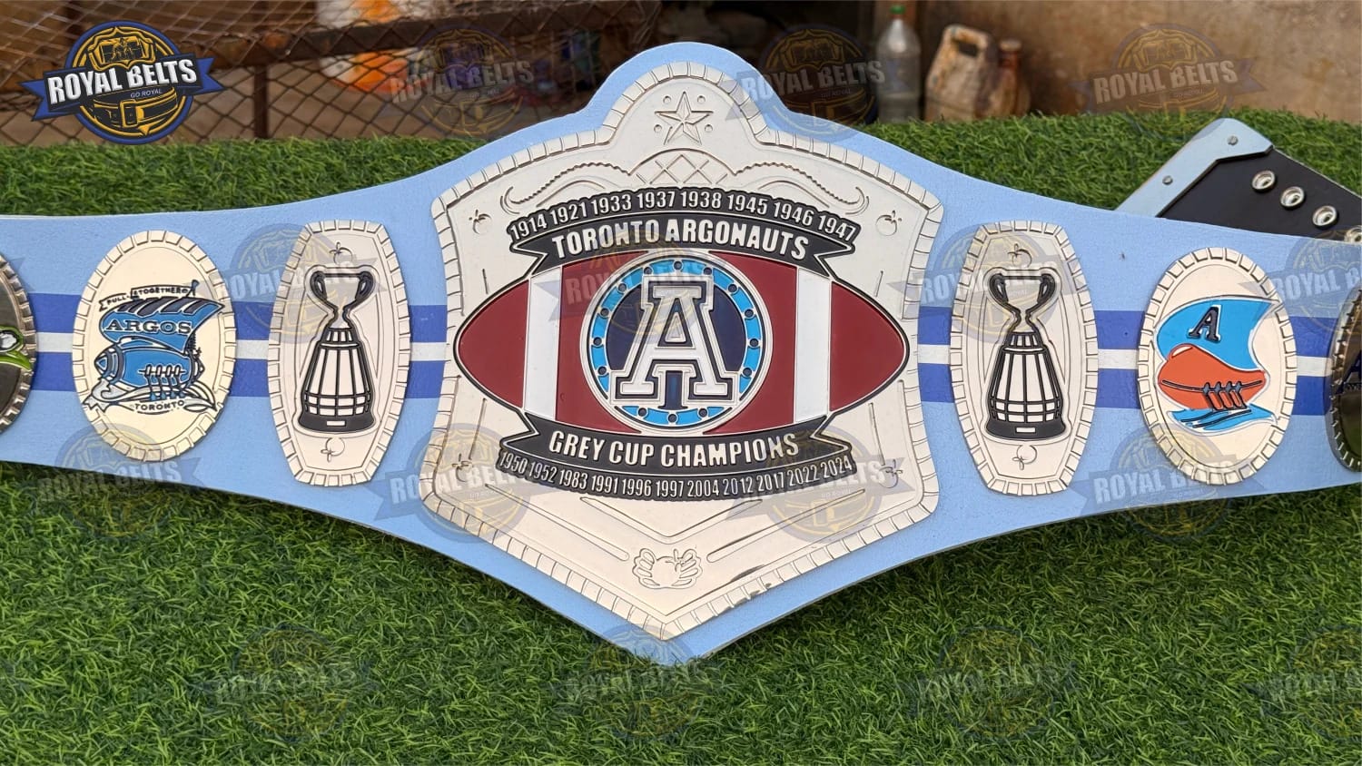 Toronto Argonauts Grey Cup Championship CNC HD title belt with raised lettering and smooth leather backing Designed by Royal Belts