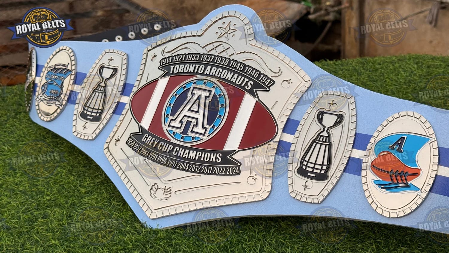 Toronto Argonauts Grey Cup Championship HD CNC belt showcasing heavyweight metal plates and bold design