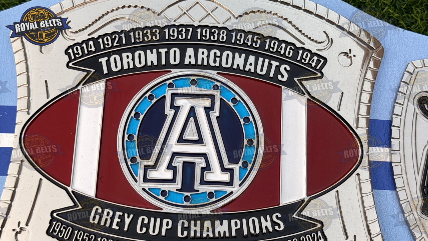 Toronto Argonauts Grey Cup Championship title belt featuring Argonauts logo plates and real leather strap