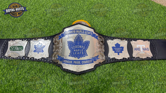 Toronto Maple Leafs hockey title belt with chrome plated center plate, engraved team logo, black leather strap Made by Royal Belts