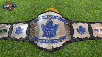 Maple Leafs championship belt featuring raised chrome center plate, polished finish, stitched leather backing Made by Royal Belts