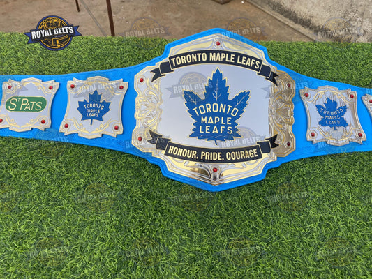Toronto Maple Leafs Championship Title Belt HD CNC gold center plate with blue stitched leather strap Crafted by Royal Belts