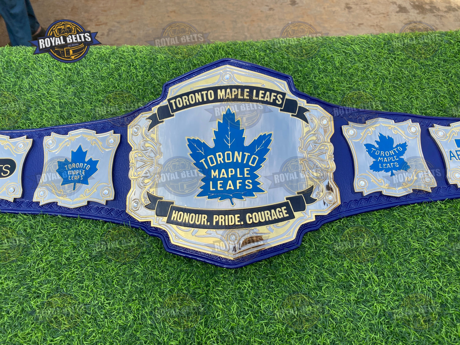 Toronto Maple Leafs Championship Title Belt HD CNC engraved maple leaf logo with polished gold finish Crafted by Royal Belts