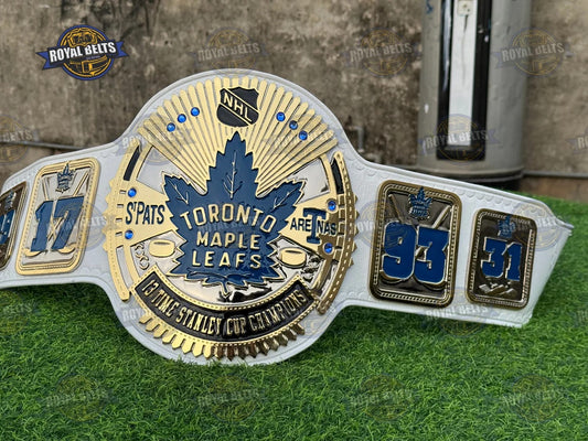 Toronto Maple Leafs NHL Legacy Title Belt with polished gold center plate and white leather strap Manufacture by Royal Belts