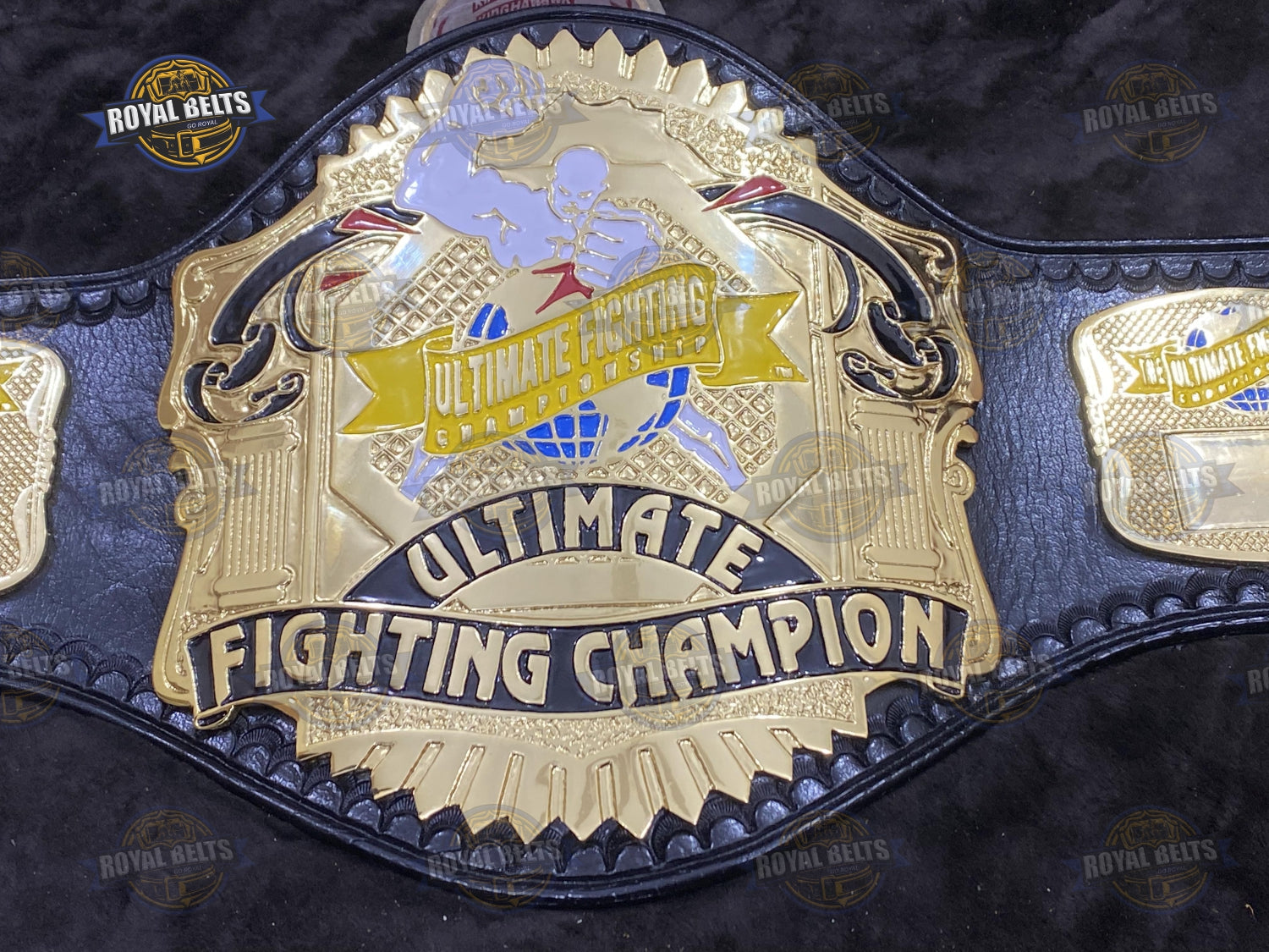 UFC Championship Title Belt gold center plate with black stitched leather strap and engraved UFC logo Manufacture by Royal Belts