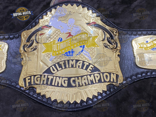 UFC Championship Title Belt gold center plate with black stitched leather strap and engraved UFC logo Manufacture by Royal Belts
