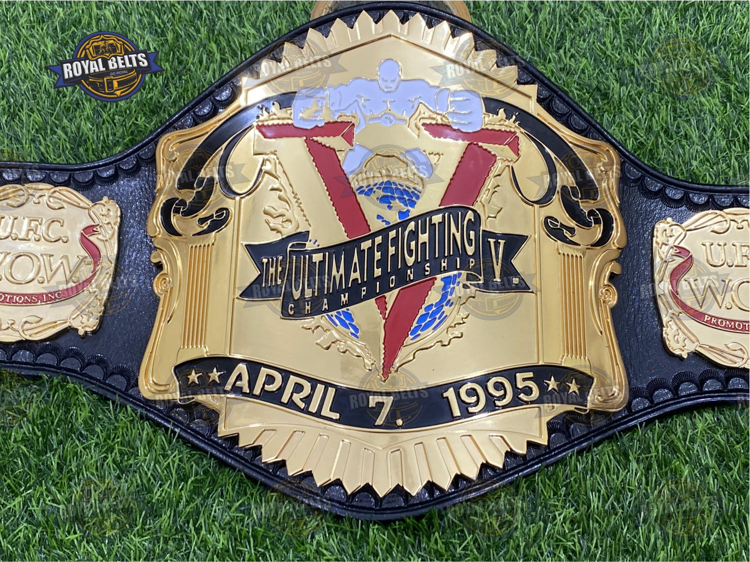 UFC Championship V belt CNC HD with gold plated center plate, deep engraving, premium black leather strap Made by Royal Belts