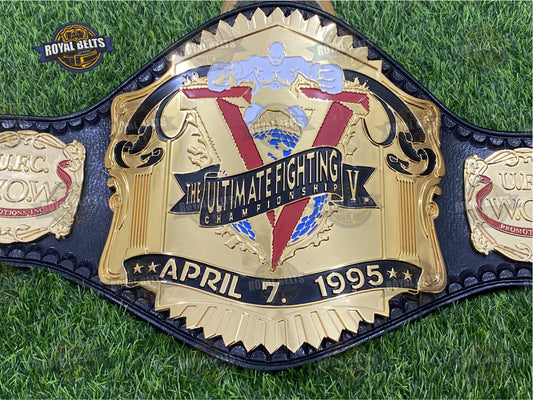 UFC Championship V belt CNC HD with gold plated center plate, deep engraving, premium black leather strap Made by Royal Belts