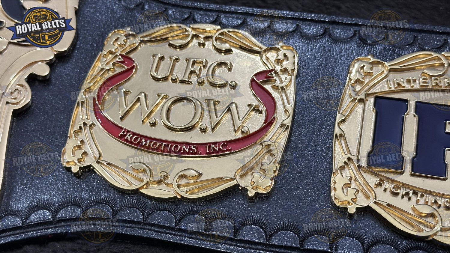 CNC HD UFC V title belt with raised center logo, polished gold plates, thick leather strap