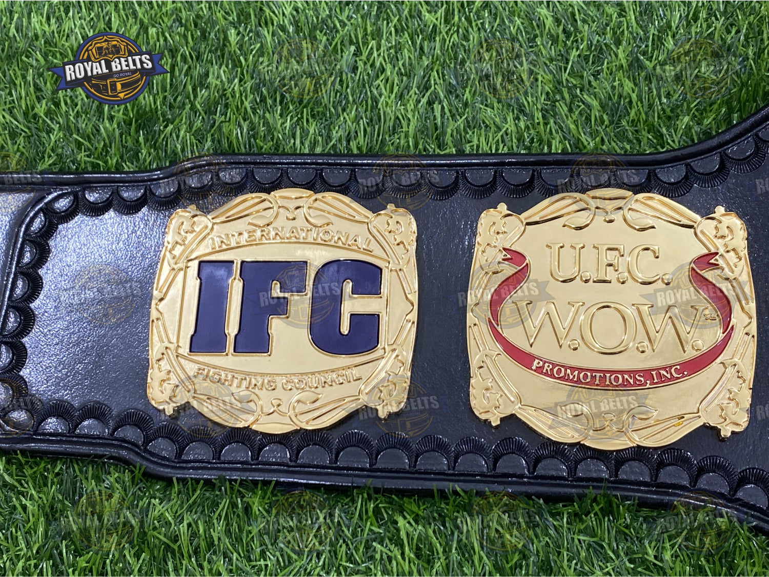 UFC Championship V belt showcasing deep CNC engraving, layered gold plates, stitched black leather