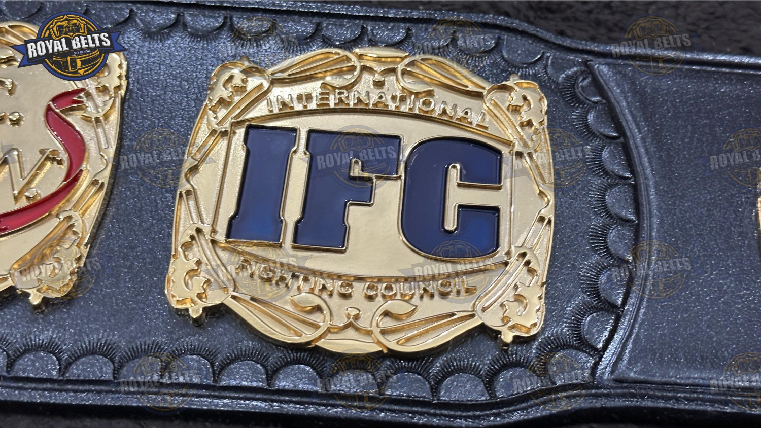 Ultimate Fighting Championship V belt with bold embossed center, high gloss gold, premium leather