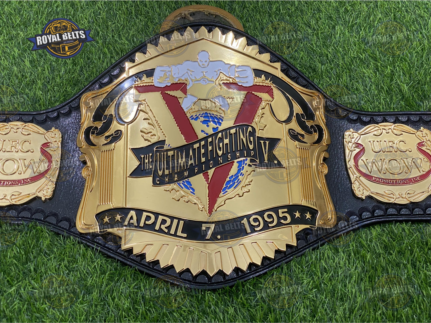 UFC V title belt with layered gold CNC plates, engraved logos, reinforced black leather backing