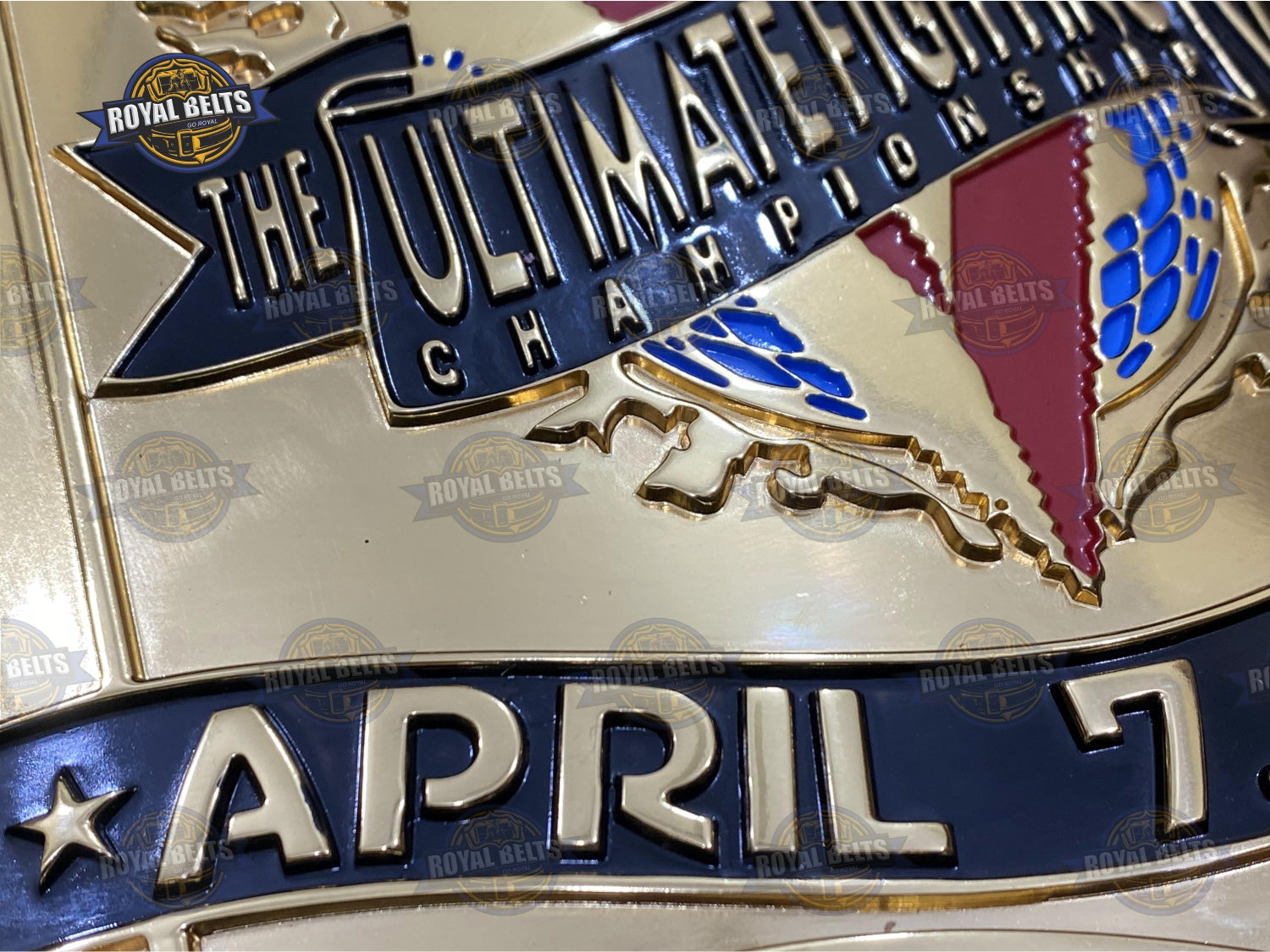 UFC belt V edition with ornate side plates, deep CNC engraving, premium stitched leather strap