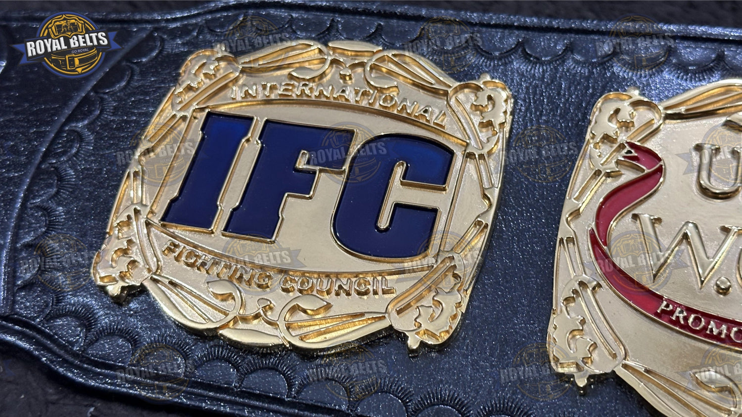 Ultimate Fighting V title belt CNC HD with beveled gold plates, engraved details, adjustable leather strap