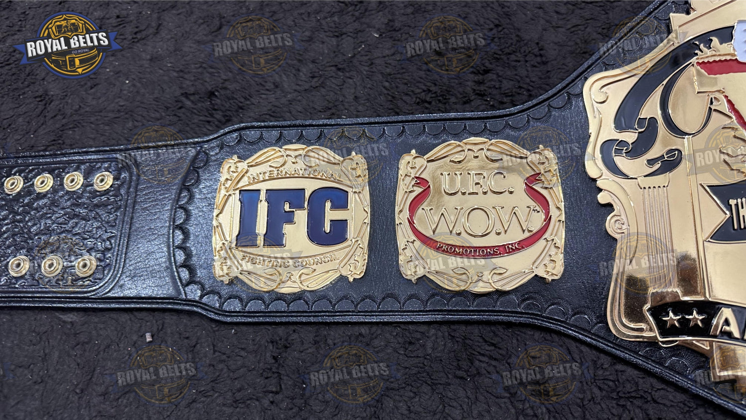 UFC V belt featuring multi layer CNC HD gold center, detailed etching, premium black leather backing