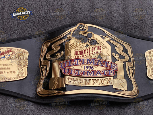 UFC Ultimate Fight Championship Title Belt with polished gold center plate and black stitched leather strap Made by Royal Belts