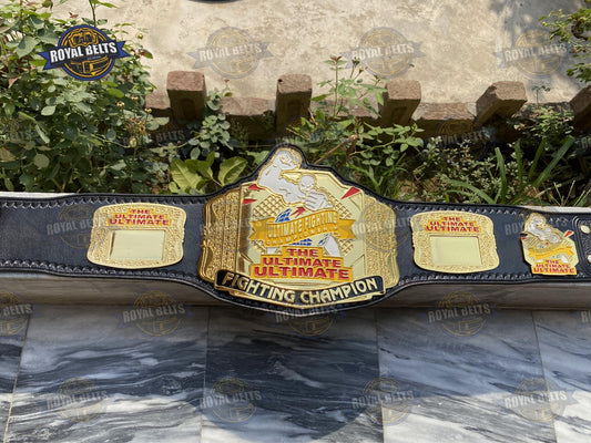 UFC Ultimate Fight championship belt with gold plated center plate, engraved logo, premium black leather strap Made by Royal Belts