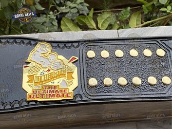 Ultimate Fight title belt featuring raised gold center plate, polished finish, thick stitched leather backing Made by Royal Belts