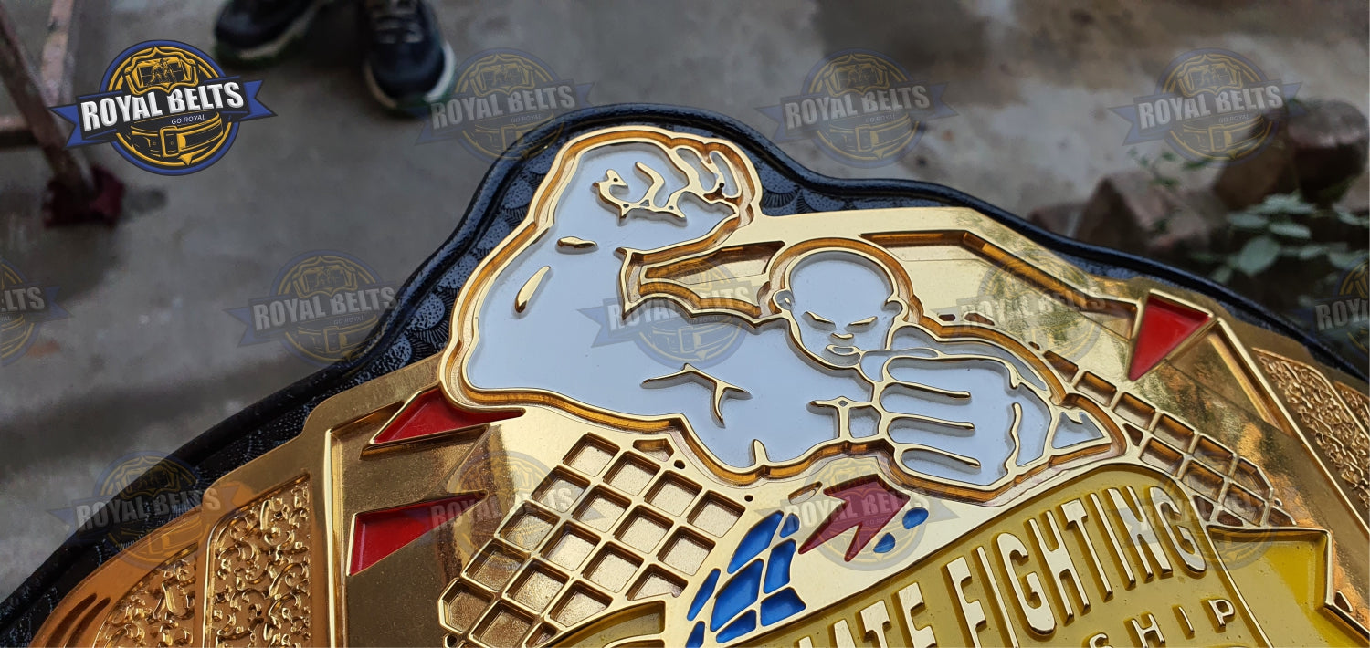 UFC championship belt with layered gold center plate, deep engraved details, reinforced black leather strap Manufacture by Royal Belts