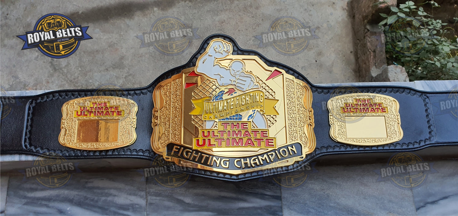 UFC Ultimate Fight championship belt with gold plated center plate, engraved UFC logo, black leather strap Manufacture by Royal Belts