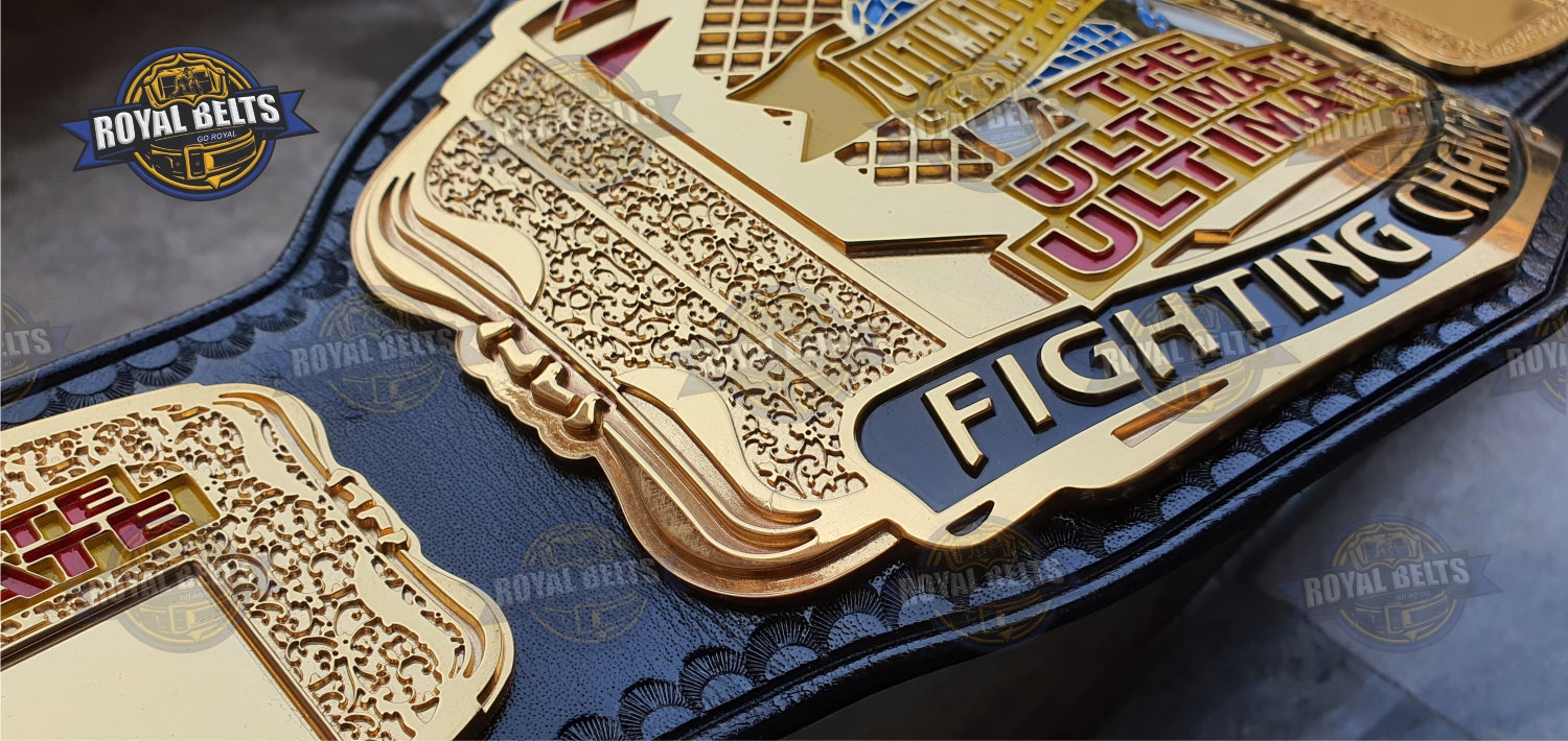 Ultimate Fight championship belt with bold embossed center, high gloss gold finish, premium leather strap