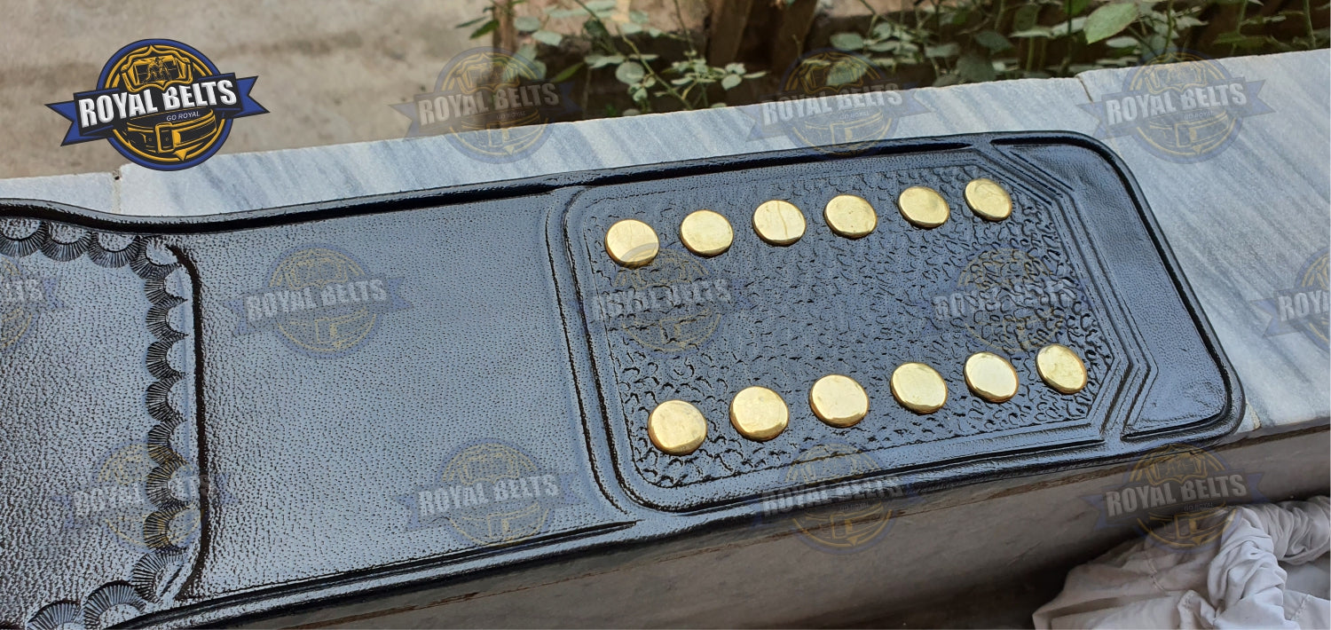 UFC belt with beveled center plate, mirror finish gold, reinforced black stitched leather strap