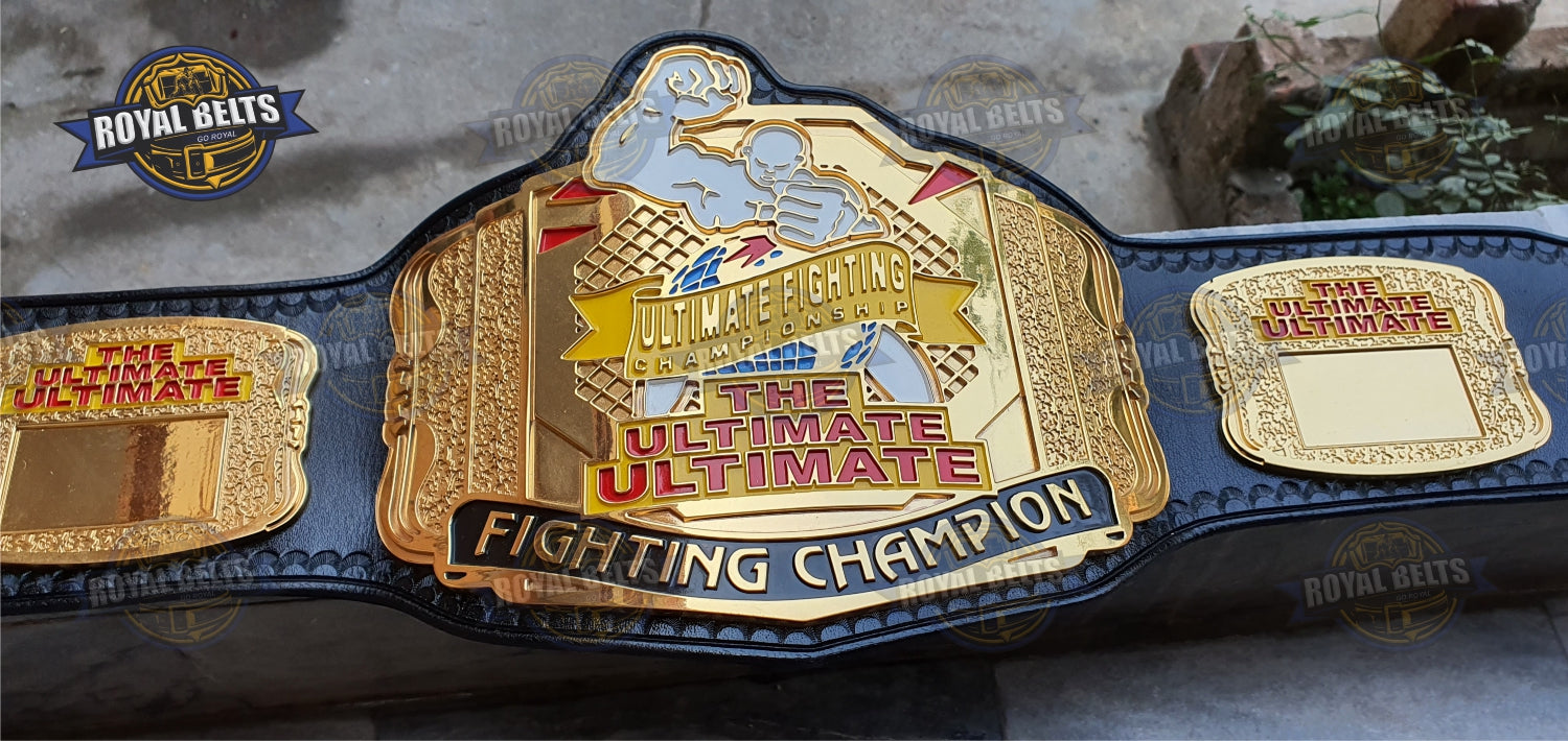 Ultimate Fight title belt featuring raised gold center plate, mirror polished finish, stitched leather backing Manufacture by Royal Belts