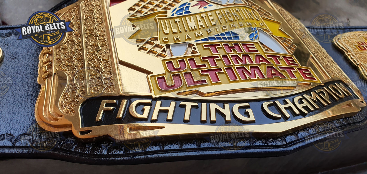 Ultimate Fight belt with oversized gold center plate, high gloss finish, premium stitched leather backing Manufacture by Royal Belts