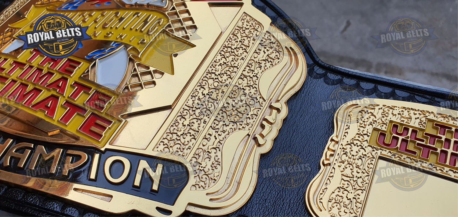 UFC title belt with ornate side plates, precision engraving, thick black leather strap