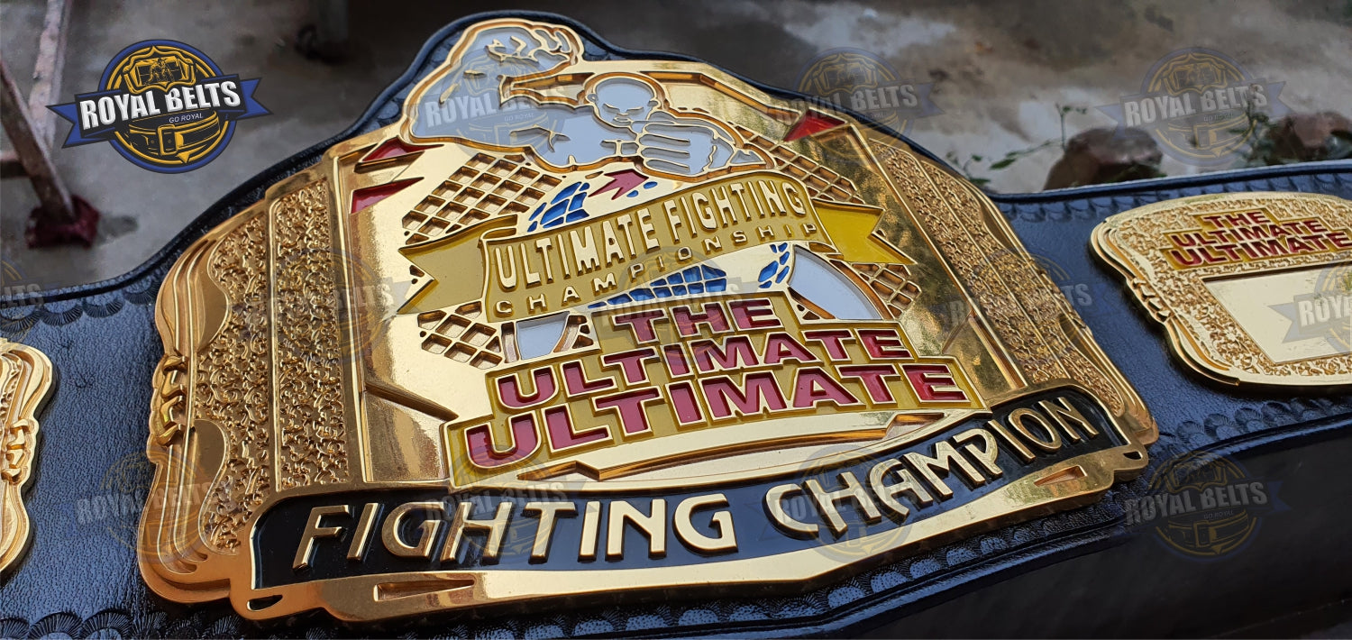 Ultimate Fight championship belt featuring embossed gold center plate, polished alloy finish, leather backing 