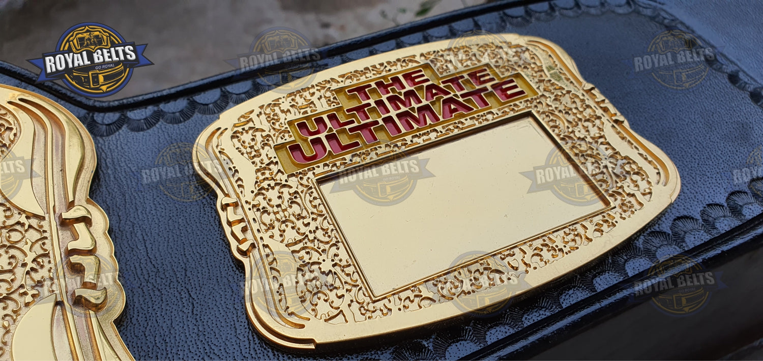 UFC belt with beveled gold plates, engraved lettering, adjustable stitched black leather strap 
