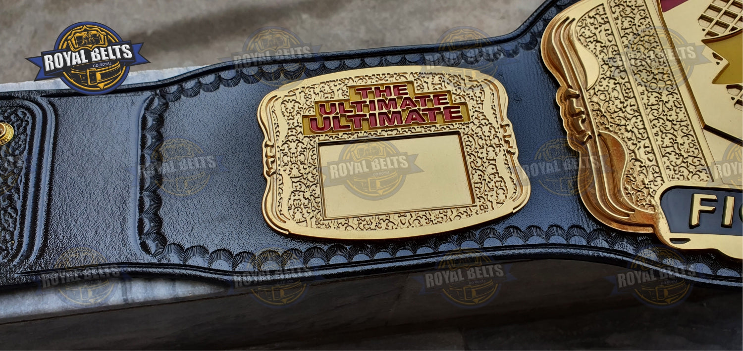 UFC championship belt with engraved side plates, mirror polished gold, reinforced stitched leather