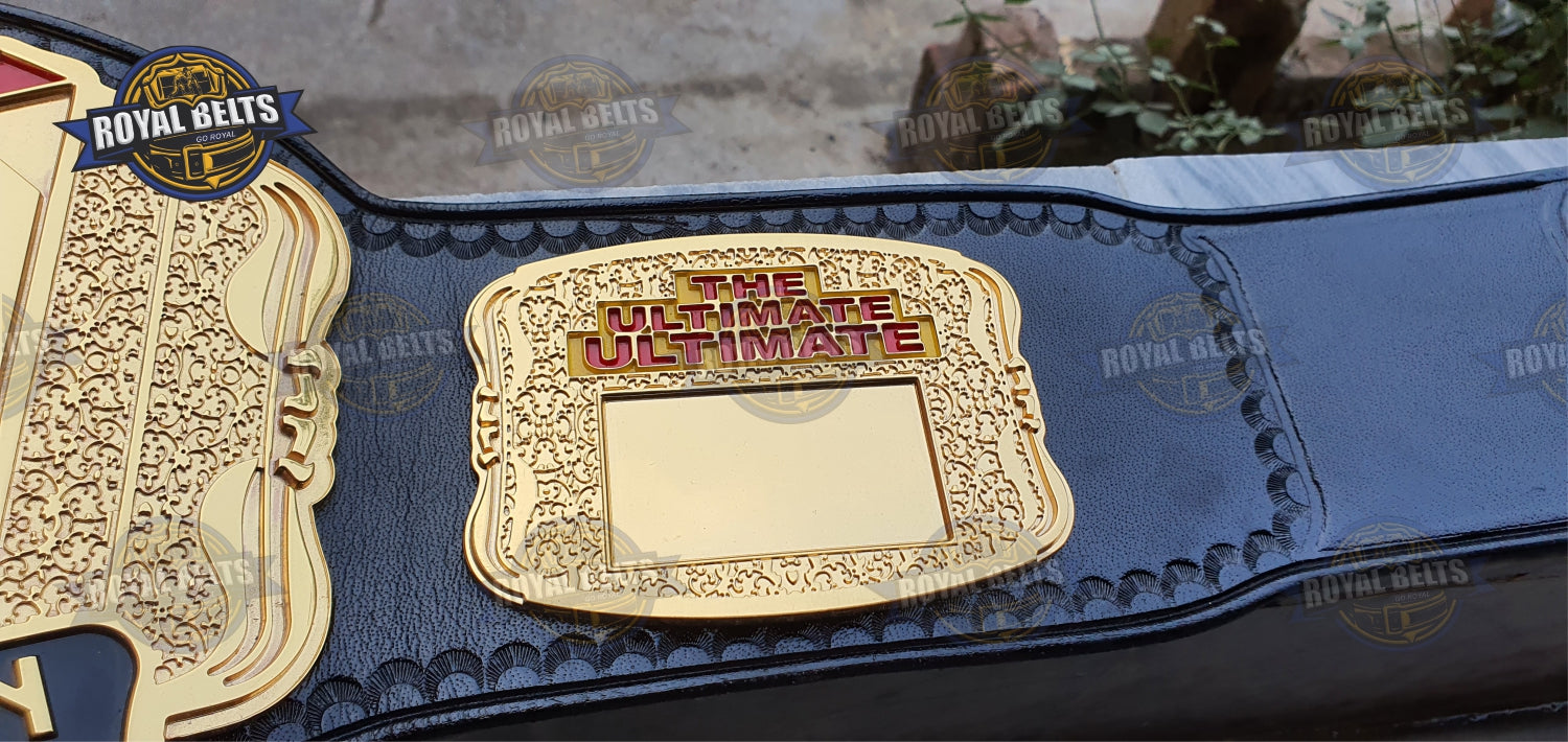 Ultimate Fight belt with raised center emblem, polished gold plates, thick stitched black leather strap