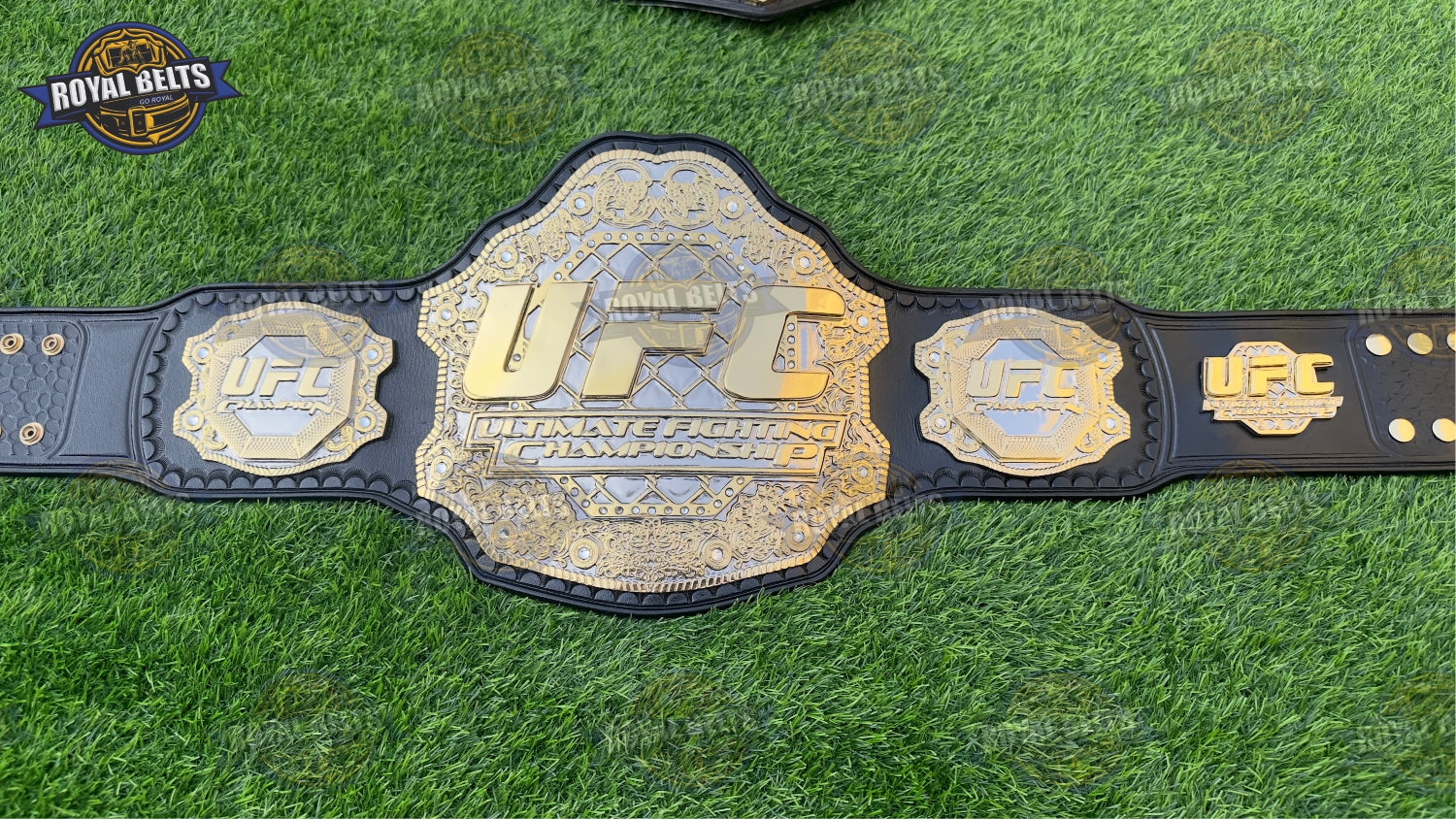 UFC Ultimate Fight triple stacked belt with layered gold center plate, deep engraving, premium black leather Crafted by Royal Belts