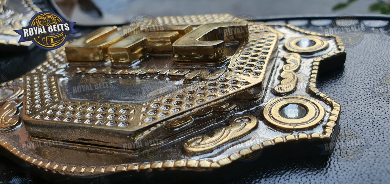 UFC triple stacked belt with beveled center plates, mirror finish gold, reinforced stitched leather