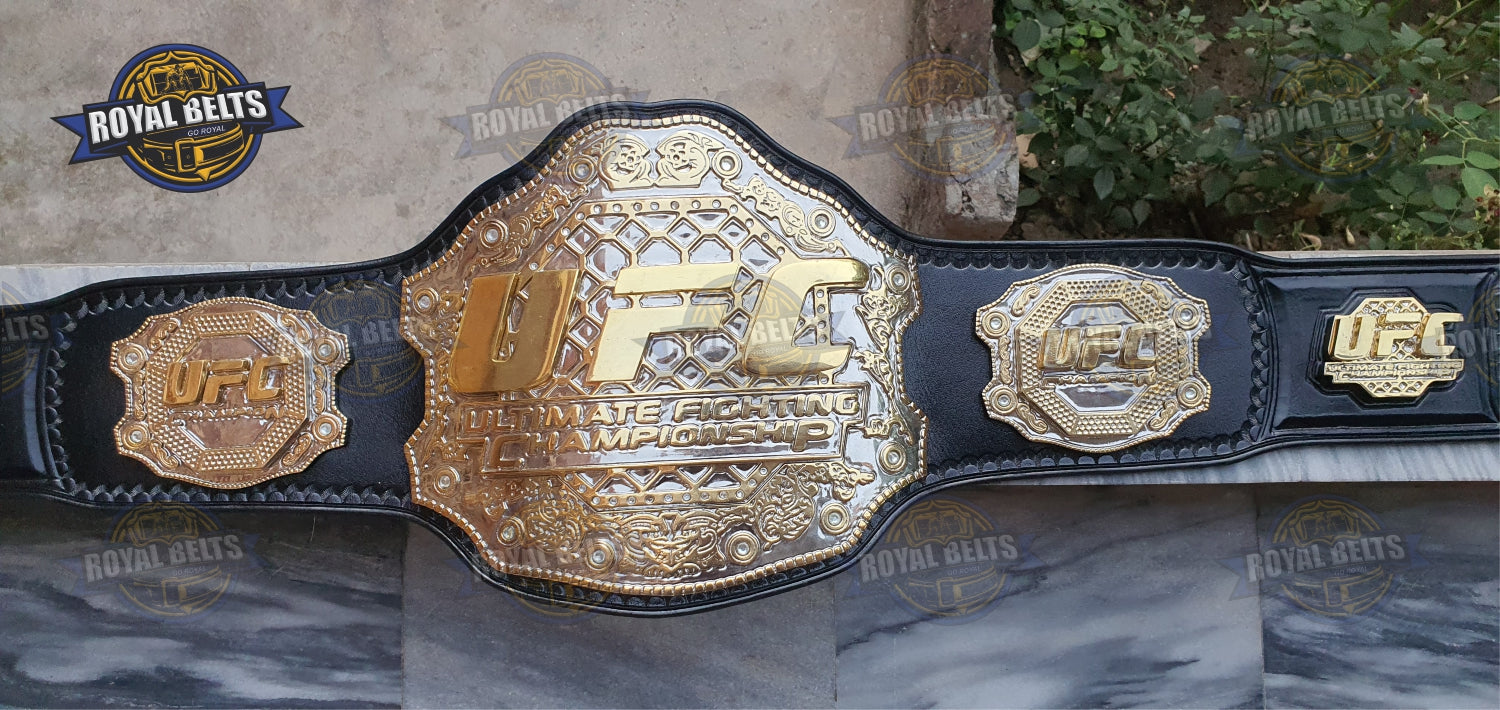 UFC championship belt featuring mirror polished triple stacked center plates, thick stitched leather