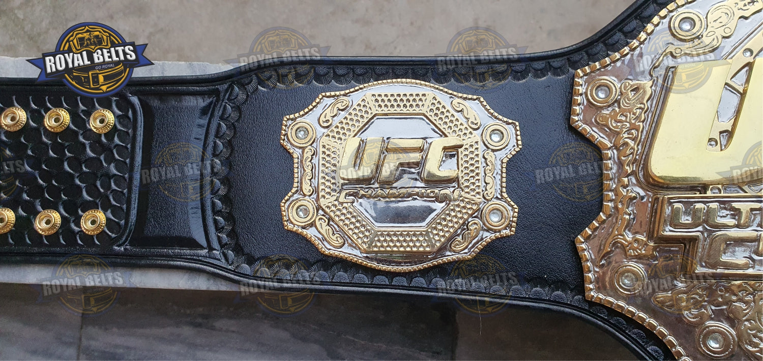 Ultimate Fight triple stacked belt with ornate side plates, polished gold alloy, durable leather backing