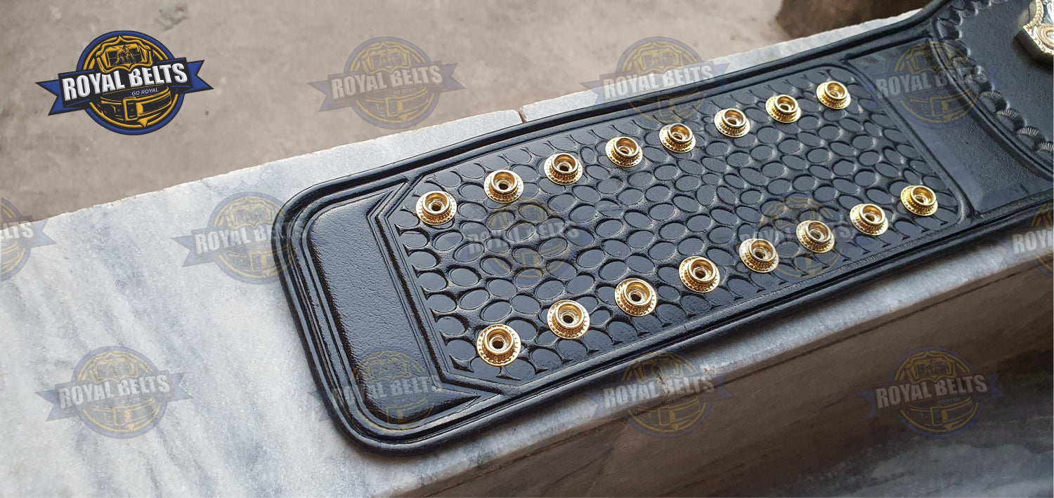 UFC title belt with raised triple stacked center logo, layered plates, stitched premium leather