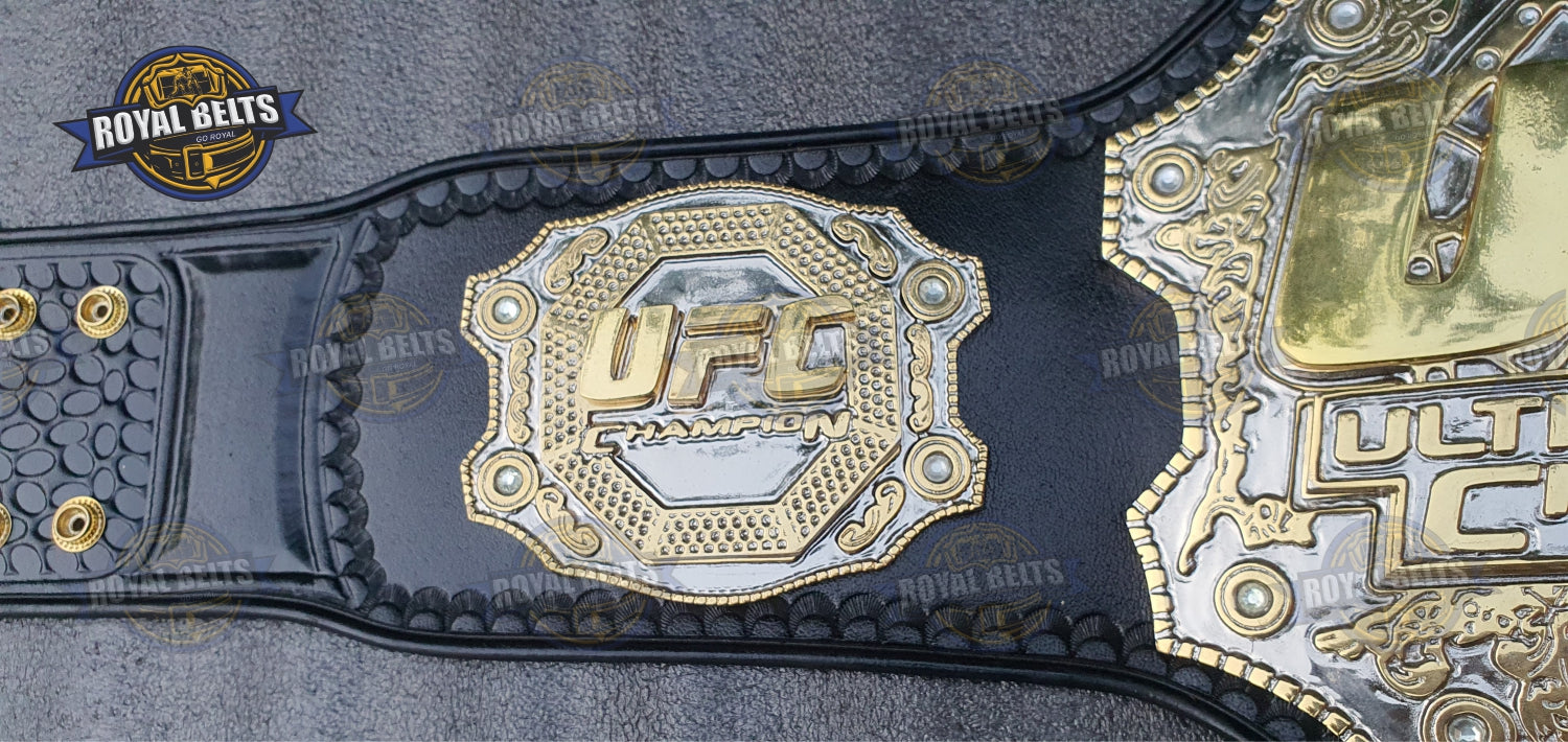 Ultimate Fight title belt featuring triple layered gold center, precision engraving, stitched leather