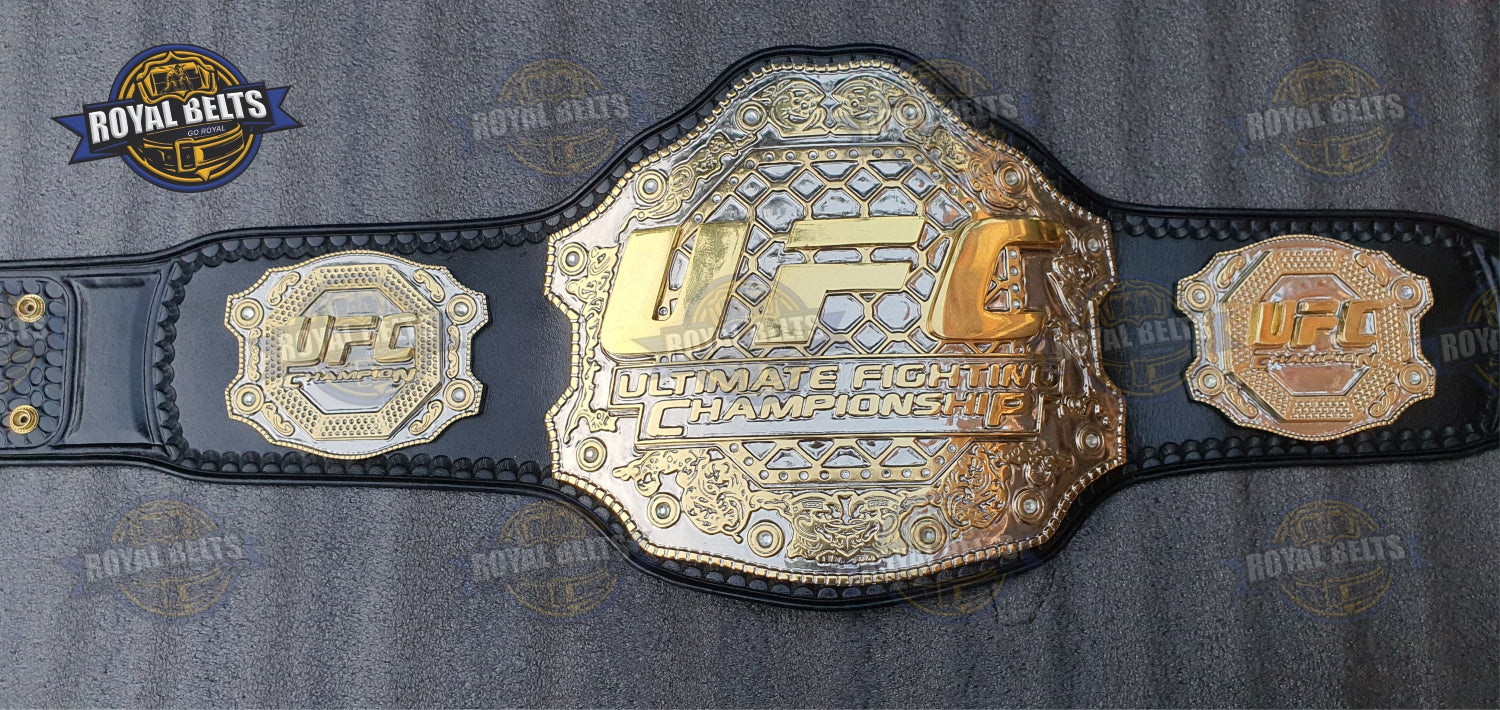 UFC championship belt featuring triple stacked plates, mirror polished gold, reinforced stitched leather