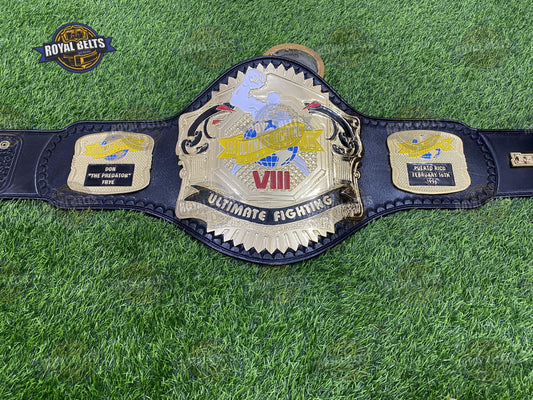 UFC Championship Title Belt with polished gold center plate and black stitched leather strap Manufacture by Royal Belts